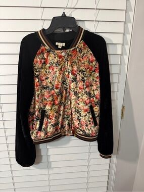 POL Floral Velvet Bomber Jacket - Black, Red & Cream